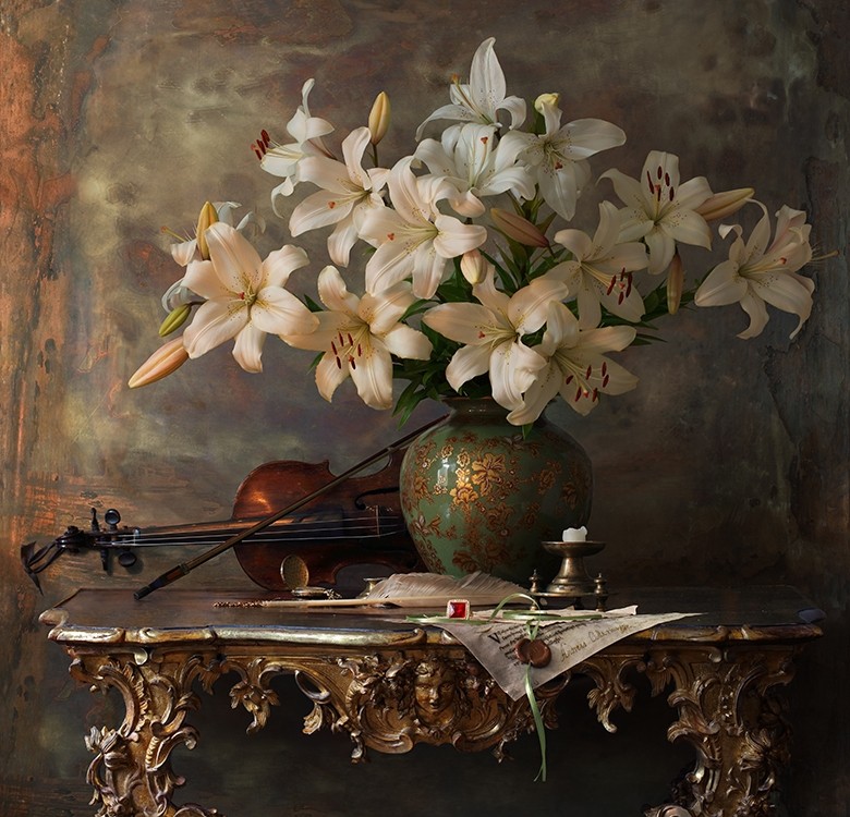Still Life With Violin and Flowers by Andrey Morozov - Art Prints