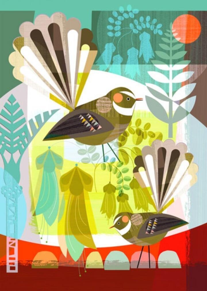 FRAMED CARD Fantails in Kowhai